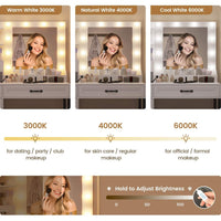 Sikaic Makeup Vanity Glass Top Makeup Vanity Desk with Lighted Mirror & Bench Charging Station Double Door Cabinet White & Black