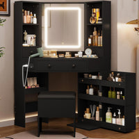 Sikaic Makeup Vanity Corner LED Makeup Vanity Desk with Storage Stool and Charging Station Mirror Drawers, Rotating Shelves Black