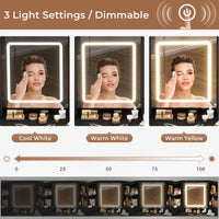 Sikaic Makeup Vanity Corner LED Makeup Vanity Desk with Storage Stool and Charging Station Mirror Drawers, Rotating Shelves Black