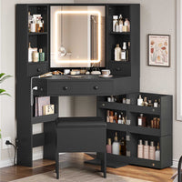 Sikaic Makeup Vanity Corner LED Makeup Vanity Desk with Storage Stool and Charging Station Mirror Drawers, Rotating Shelves Black