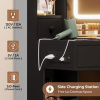 Sikaic Makeup Vanity Corner LED Makeup Vanity Desk with Storage Stool and Charging Station Mirror Drawers, Rotating Shelves Black