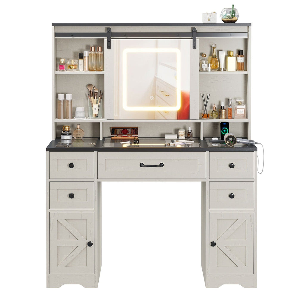 Sikaic Makeup Vanity LED Vanity Desk with Sliding Mirror and Lights Large Makeup Vanity with Glass Top & Charging Station 5 Drawers & Shelves & Cabinets Antique White