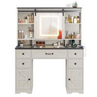 Sikaic Makeup Vanity LED Vanity Desk with Sliding Mirror and Lights Large Makeup Vanity with Glass Top & Charging Station 5 Drawers & Shelves & Cabinets Antique White