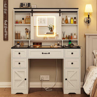 Sikaic Makeup Vanity LED Vanity Desk with Sliding Mirror and Lights Large Makeup Vanity with Glass Top & Charging Station 5 Drawers & Shelves & Cabinets Antique White