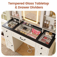 Sikaic Makeup Vanity LED Vanity Desk with Sliding Mirror and Lights Large Makeup Vanity with Glass Top & Charging Station 5 Drawers & Shelves & Cabinets Antique White