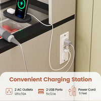 Sikaic Makeup Vanity LED Vanity Desk with Sliding Mirror and Lights Large Makeup Vanity with Glass Top & Charging Station 5 Drawers & Shelves & Cabinets Antique White