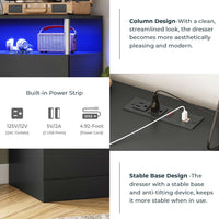 Sikaic Dresser 4 Drawers Led Tall Dresser with Charging Station for Bedroom Closet Black