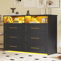 Sikaic Dresser 6 Drawers LED Lights Wide Storage Dresser with Charging Station for Closet Bedroom Living Room Open Storage Cubby Black