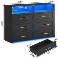 Sikaic Dresser 6 Drawers LED Lights Wide Storage Dresser with Charging Station for Closet Bedroom Living Room Open Storage Cubby Black
