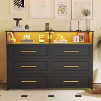 Sikaic Dresser 6 Drawers LED Lights Wide Storage Dresser with Charging Station for Closet Bedroom Living Room Open Storage Cubby Black