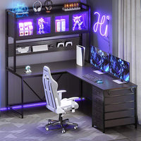 Sikaic Gaming Desk PRE-SALE 62 Inches LED Reversible L Shaped Gaming Desk With Power Outlet Storage Drawers Hutch and Pegboard Black