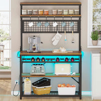 Sikaic Bakers Rack LED Bakers Rack with Power Outlet Storage Brown