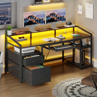 Sikaic Gaming Desk 63 Inches Gaming Desk with LED Light Drawers Black