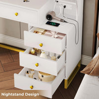 Sikaic Makeup Vanity LED Makeup Vanity With Outlet Nightstand Drawers White & Gold