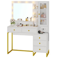 Sikaic Makeup Vanity LED Makeup Vanity With Outlet Nightstand Drawers White & Gold