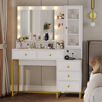 Sikaic Makeup Vanity LED Makeup Vanity With Outlet Nightstand Drawers White & Gold
