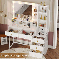 Sikaic Makeup Vanity LED Makeup Vanity With Outlet Nightstand Drawers White