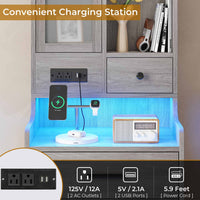Sikaic Nightstand LED Tall Nightstand with Charging Station Drawers Shelves Glass Door Storage Grey