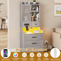 Sikaic Nightstand LED Tall Nightstand with Charging Station Drawers Shelves Glass Door Storage Grey