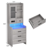 Sikaic Nightstand LED Tall Nightstand with Charging Station Drawers Shelves Glass Door Storage Grey