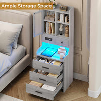 Sikaic Nightstand LED Tall Nightstand with Charging Station Drawers Shelves Glass Door Storage Grey