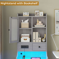 Sikaic Nightstand LED Tall Nightstand with Charging Station Drawers Shelves Glass Door Storage Grey