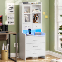 Sikaic Nightstand LED Tall Nightstand with Charging Station Drawers Shelves Glass Door Storage Grey