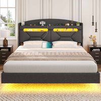Sikaic Bed Frame LED Floating Bed Frame with Charging Station Hidden Storage Dark Grey