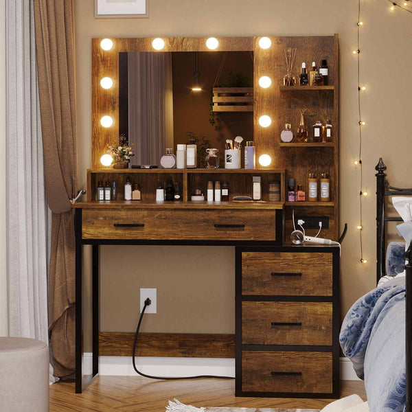 Wooden Vanity with LED Mirror Charging Station Rustic Brown Sikaic