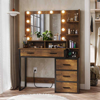 Sikaic Makeup Vanity Makeup Vanity with Lights Charging Station Mirror Drawers Rustic Brown