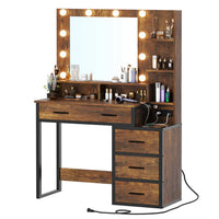 Sikaic Makeup Vanity Makeup Vanity with Lights Charging Station Mirror Drawers Rustic Brown
