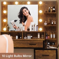 Sikaic Makeup Vanity Makeup Vanity with Lights Charging Station Mirror Drawers Rustic Brown