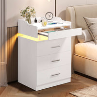 Sikaic Nightstand LED Nightstand with Charging Station Hutch Drawers White