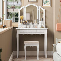 Sikaic Makeup Vanity Makeup Vanity with Lighted Mirror Stool Drawers White