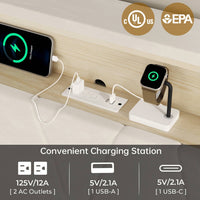 Sikaic Bed Frame Faux Leather LED Bed Frame with Outlets and Storage Headboard White