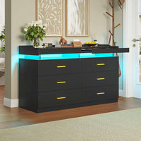 Sikaic Dresser LED Dresser with 6 Drawers & 2 Pull-Out Tray Black