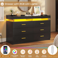 Sikaic Dresser LED Dresser with 6 Drawers & 2 Pull-Out Tray Black