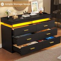 Sikaic Dresser LED Dresser with 6 Drawers & 2 Pull-Out Tray Black