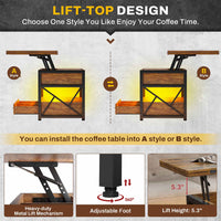 Sikaic Coffee Table 40" Inches Lift Top 4 in 1 LED Coffee Table with 2 Drawers Storage Brown