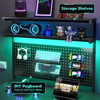 Sikaic Gaming Desk L Shaped Reversible LED Gaming Desk with Hutch Pegboard and Storage Shelves Drawers & Monitor Stand Black