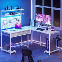 Sikaic Gaming Desk L Shaped Reversible LED Gaming Desk with Hutch Pegboard and Storage Shelves Drawers & Monitor Stand White