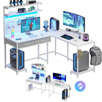 Sikaic Gaming Desk L Shaped Reversible LED Gaming Desk with Hutch Pegboard and Storage Shelves Drawers & Monitor Stand White
