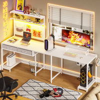 Sikaic Gaming Desk L Shaped Reversible LED Gaming Desk with Hutch Pegboard and Storage Shelves Drawers & Monitor Stand White