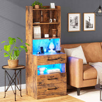 Sikaic Nightstand LED Tall Nightstand with Charging Station 3 Drawers And Bookshelf Brown