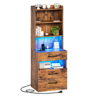 Sikaic Nightstand LED Tall Nightstand with Charging Station 3 Drawers And Bookshelf Brown