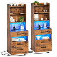 Sikaic Nightstand LED Tall Nightstand with Charging Station 3 Drawers And Bookshelf Brown