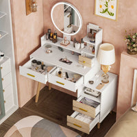 Sikaic Makeup Vanity LED Touch Screen Makeup Vanity Mirror with Nightstand and Open Shelves Storage Drawers White