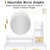 Sikaic Makeup Vanity LED Touch Screen Makeup Vanity Mirror with Nightstand and Open Shelves Storage Drawers White