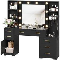 Sikaic Makeup Vanity 48.8 Inches Large Makeup Vanity Desk with Lighted Mirror & Power Outlet Glass Tabletop Bedroom Dressing Table Black