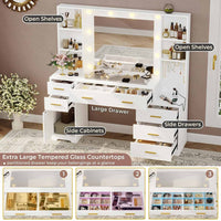 Sikaic Makeup Vanity 48.8 Inches Large Makeup Vanity Desk with Lighted Mirror & Power Outlet Glass Tabletop Bedroom Dressing Table White